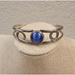 Vintage Sterling Silver Blue Cat's Eye Cuff Bracelet Mexico ATI 925